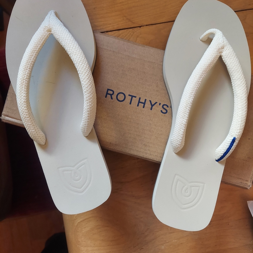 Rothy's Cream Flip Flops with Blue Accent